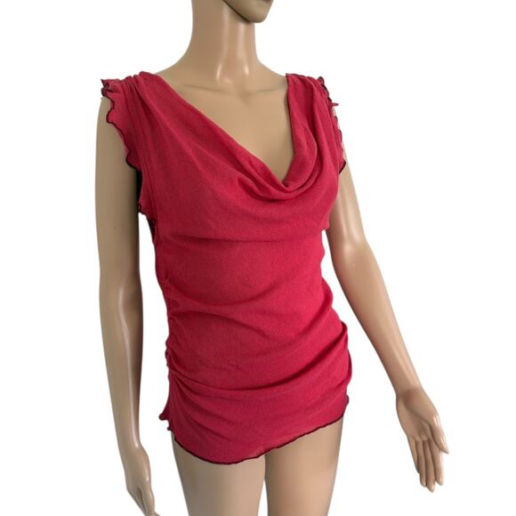Free People Red Sheer Knit Cowl Neck Ruffle Sleeve Top Y2K Style Boho Romantic M - Picture 3 of 8